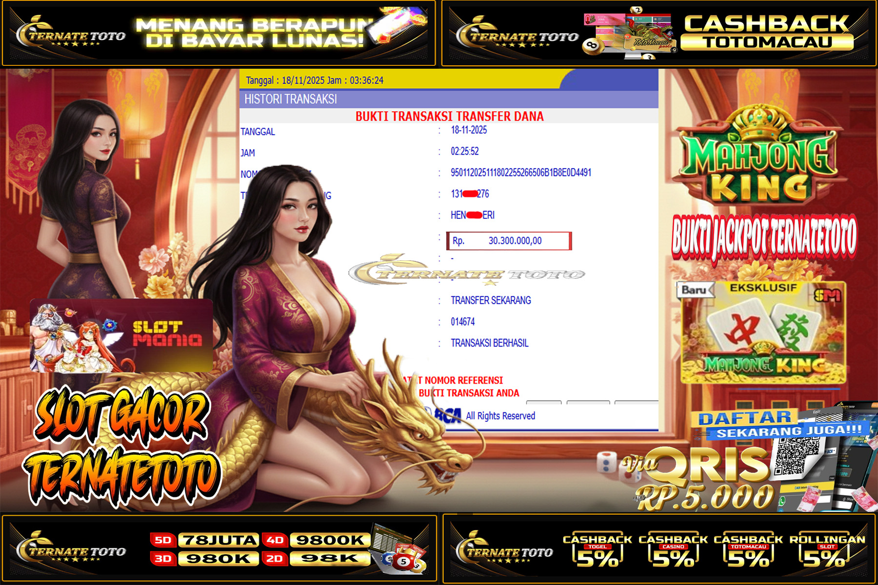 TERNATETOTO - JACKPOT Mahjong King DI Slot Mania Rp.30,300,000,-